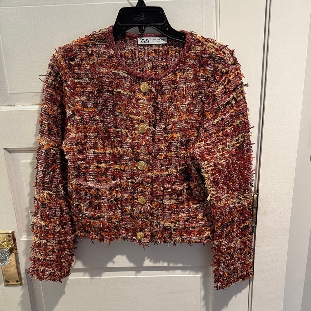 Zara Women's Red and Brown Tweed Blazer